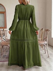 SHEIN VCAY Vestido elegante de manga farol con cuello entallado con encaje y diseño en unicolor para mujer de talla grande