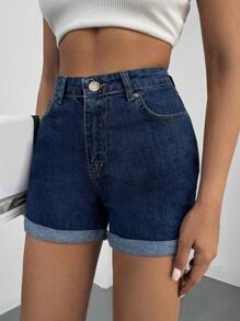 EURMUSE High Waist Roll Up Hem Denim Shorts - Dark Wash - View 5