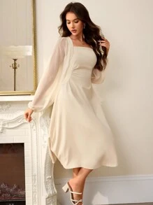 Aveloria Rosie 法式方领泡泡袖腰部镂空褶饰长袖女式连衣裙节日派对生日正式场合连衣裙女士秋季服装 - 杏色 - 查看 3