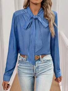 Chiquease 女士纯色系带优雅长袖衬衫 - 藍色 - 查看 1