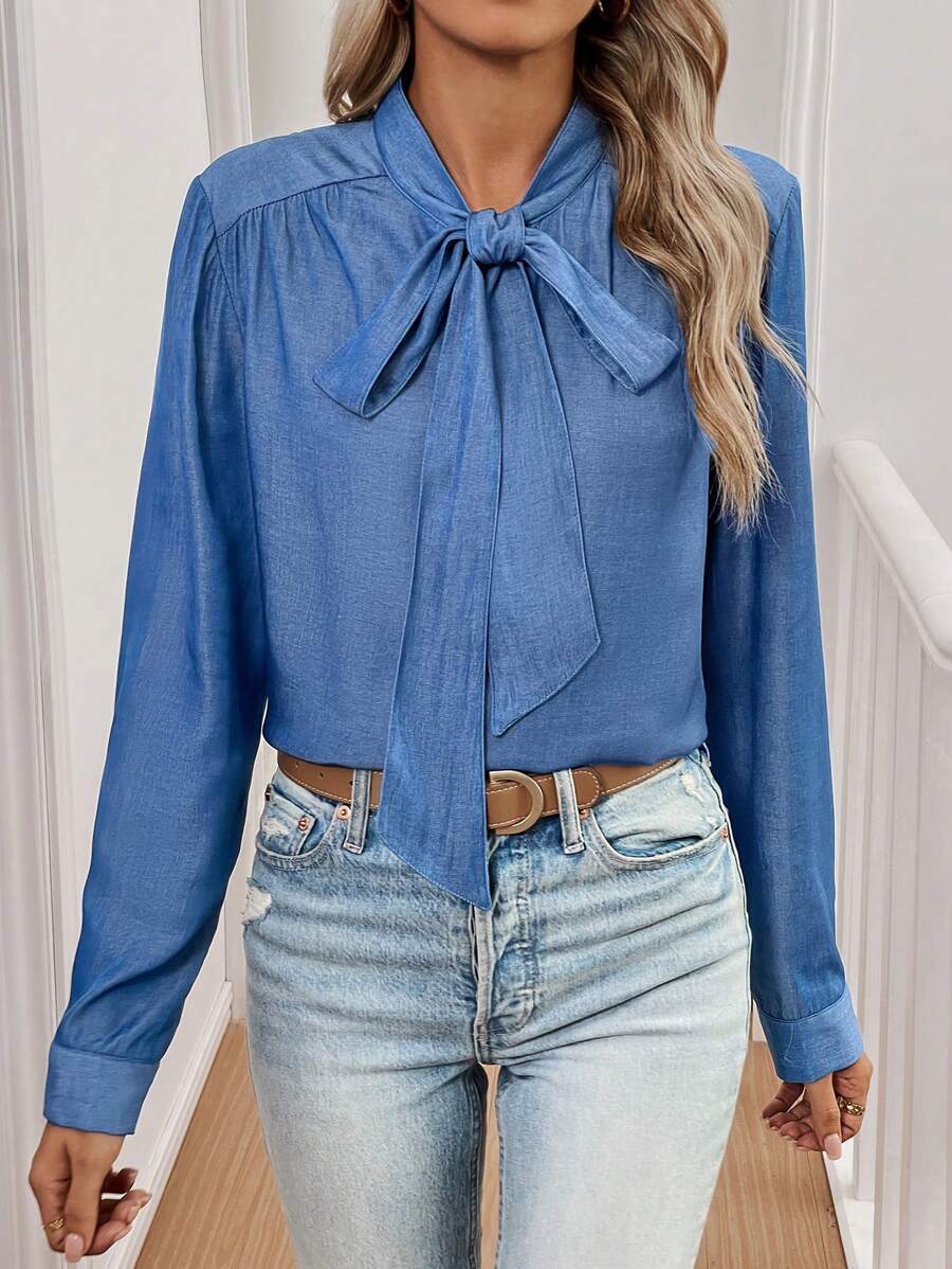 Chiquease 女士纯色系带优雅长袖衬衫 - 藍色 - 查看 1