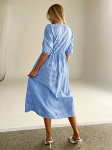 Aloruh Vestido casual y elegante de línea A con cinturón a rayas para el día a día y actividades al aire libre - Azul - Ver 6