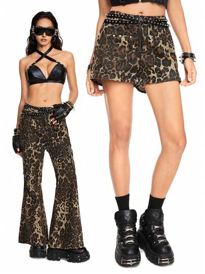 Grunge Punk Jeans évasés à jambe large taille basse ultra détachable avec imprimé léopard, style punk Harajuku Y2K, école