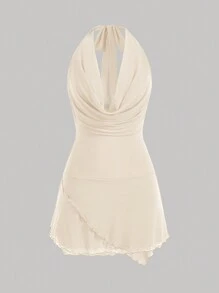 Opulessa Solid Color Knitted Mesh See-Through Sexy Dress, Draped Neck With Halter Strap, Open Back Design For Women's Vacation,Bachelorette Dress