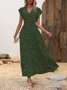 SHEIN LUNE Women's V-Neck Allover Print Cap Sleeve Dress For Holiday - Green - View 5