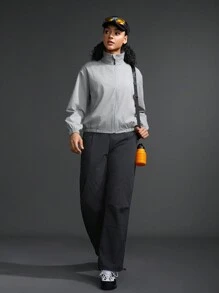 SHEIN Sports Women's Solid Color Minimalist Everyday Stand Collar Long Sleeve Jacket - Grey - View 4