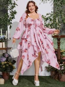 Sunnyshic 大码女式节日花卉印花甜心领灯笼袖不对称下摆优雅连衣裙 - 粉色 - 查看 5