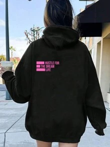 SHEIN Leap Crew 少女休闲简约个性化粉色英文字母印花黑色宽松长袖连帽卫衣，适合秋冬季节，少女卫衣，黑色卫衣，必备卫衣，返校季少女，服装背面 - 黑色 - 查看 1