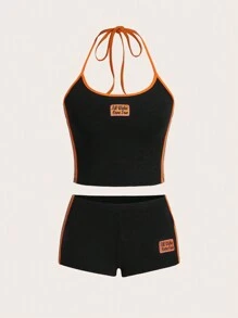 SHEIN ICON Bộ Trang Phục Mùa Hè Y2k Nữ Thể Thao Khối Màu Bikercore Thêu Chữ Áo Không Tay Và Quần Short Cạp Thấp - màu đen - Xem 9
