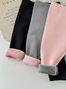 SHEIN LMoss Kids 3 件套女婴可爱百搭针织松紧腰保暖内衬裤套装，秋冬 - 彩色 - 查看 4