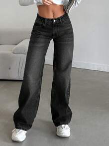 EURMUSE 低腰寬腿牛仔褲，帶口袋和鈕扣