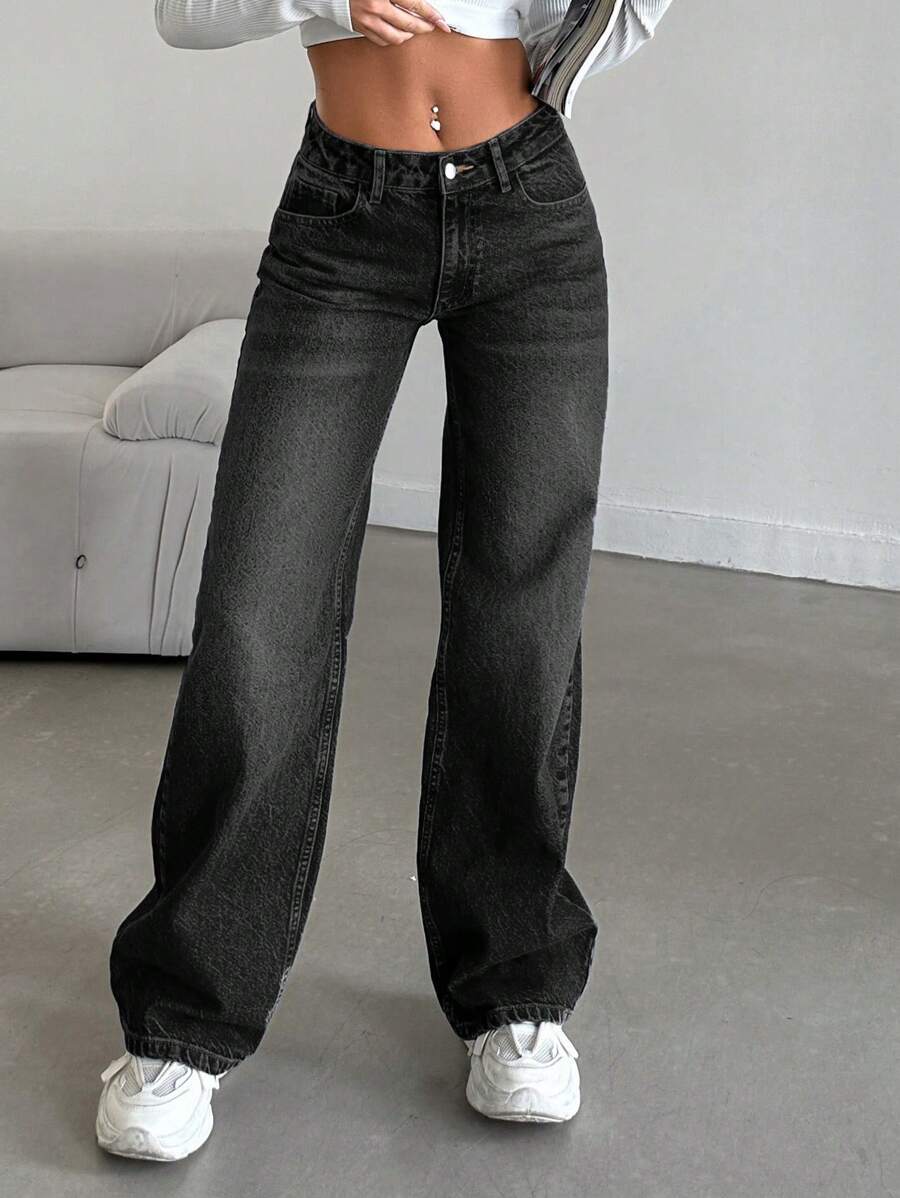 EURMUSE 低腰寬腿牛仔褲，帶口袋和鈕扣