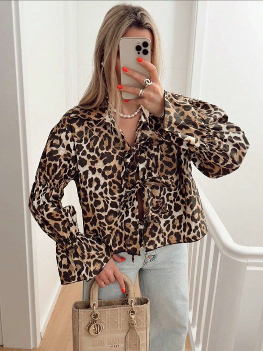SHEIN Clasi Leopard Print Casual Shirt With Flare Sleeves For Spring/Autumn - Khaki - View 1