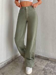 RueChic Zipper Fly Straight Leg Jeans - Lime Green - View 3