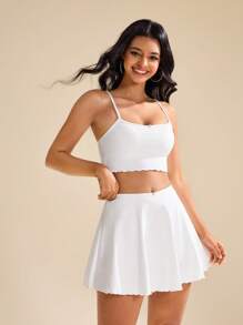 CourtClass CourtClass Women's Solid Color White Minimalist Casual Sports Crop Cami Top & Tennis Skort Set - White - View 5