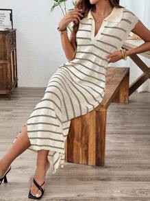 SHEIN LUNE 女士 V 领开衩修身迷人优雅时尚无袖条纹吊带连衣裙 - 彩色 - 查看 4