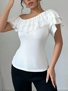 Chiquease Phụ Nữ Cổ Bất Đối Xứng Cổ Bất Đối Xứng Xù Viền Trang Bị Áo Phông Ngọt Ngào - trắng - Xem 6