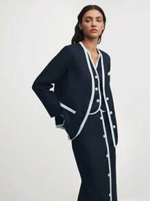 BizChic Navy Blue Collarless Loose Trim Work Jacket - Navy Blue - View 5