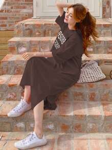 DAZY 女士简约字母印花宽松圆领短袖纯色休闲连衣裙夏季吊带长裙 - 棕色 - 查看 3
