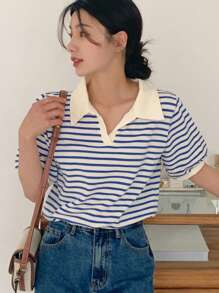 DAZY Damen gestreiftes, locker sitzendes Poloshirt mit Puffärmeln - Blau - Übersicht 7