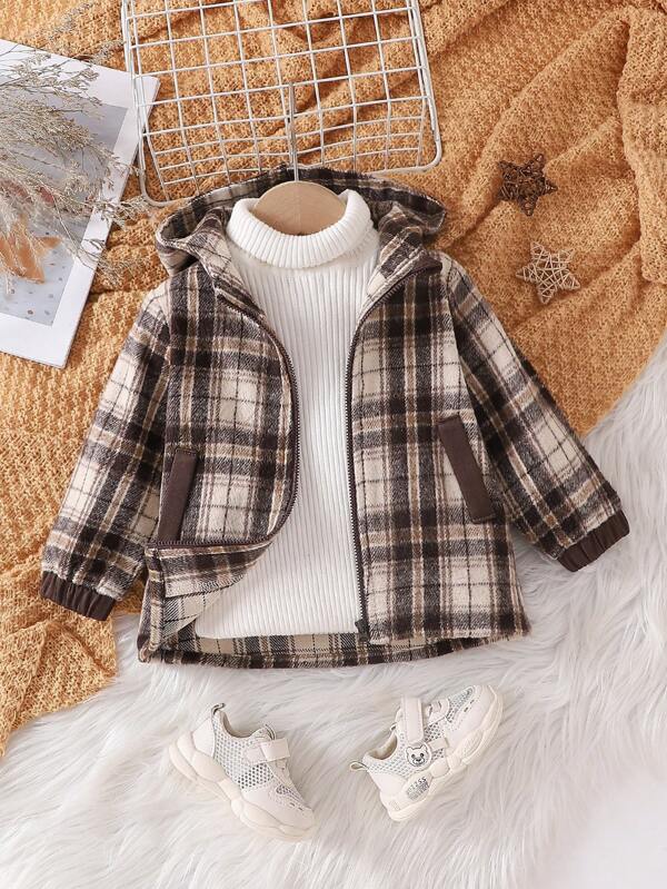Lässiger, braun karierter Woll-Verbundfleece-Jackenmantel mit Kapuze und Reißverschluss für Kleinkinder, geeignet für Babys im Herbst und Winter, warm und modisch