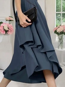 SHEIN Unity Casual Asymmetrical Hem Wide-Leg Culottes Pants, Mid-Length - Navy Blue - View 5