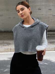 DAZY Top corto de punto con capucha de unicolor para primavera y otoño - Gris - Ver 4