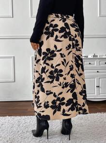 SHEIN Frenchy 大码花卉印花中长开衩裙、秋季半身裙、办公室服装