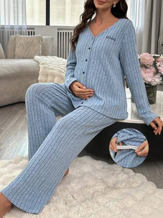 Mammakläder, 2-delat set med bokstäver och knappar framtill, långärmad topp och byxor, loungewear-set, kläder, mysig outfit, höst och vinter