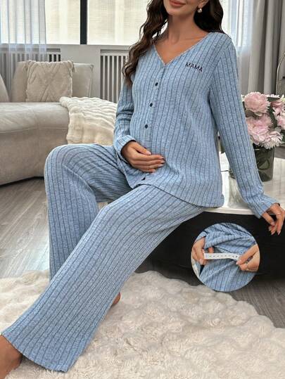 Moonlight&Mama 孕妇两件套字母刺绣纽扣长袖上衣和裤子家居服套装，舒适保暖，秋冬季