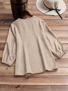 EMERY ROSE Áo sơ mi cổ chữ V có khóa kéo giải trí - Màu Khaki - Xem 2