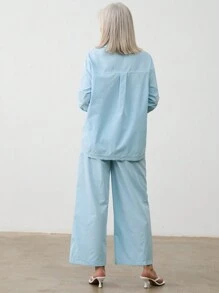 SHEIN LUNE 2 件套女士休闲撞色缝线长袖衬衫和阔腿裤套装，春季/秋季 - 薄荷綠 - 查看 2