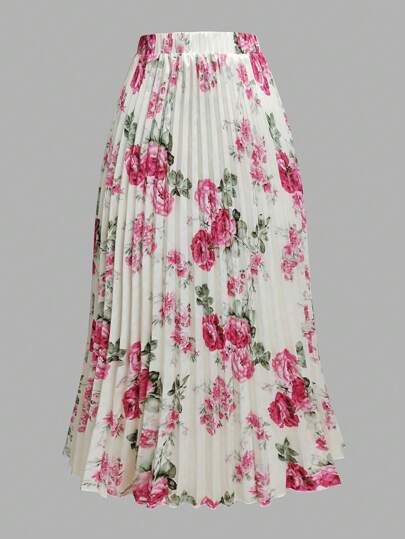 EMERY ROSE Plus Size Allover Floral Print Elegant Pleated Skirt Maxi Women Fall For Women