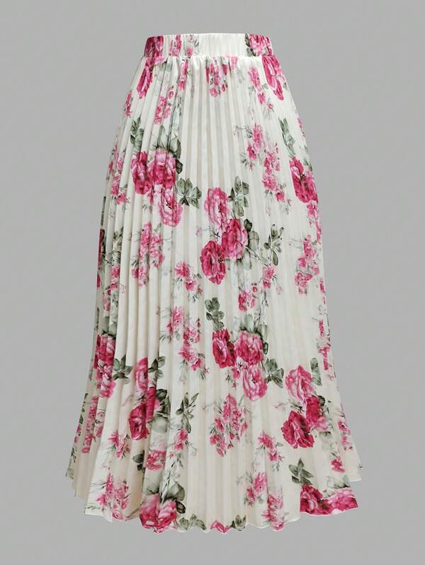 EMERY ROSE Plus Size Ruched Allover Print Elegant Flared Skirt Maxi Women Outfit Fall Cloth For Women