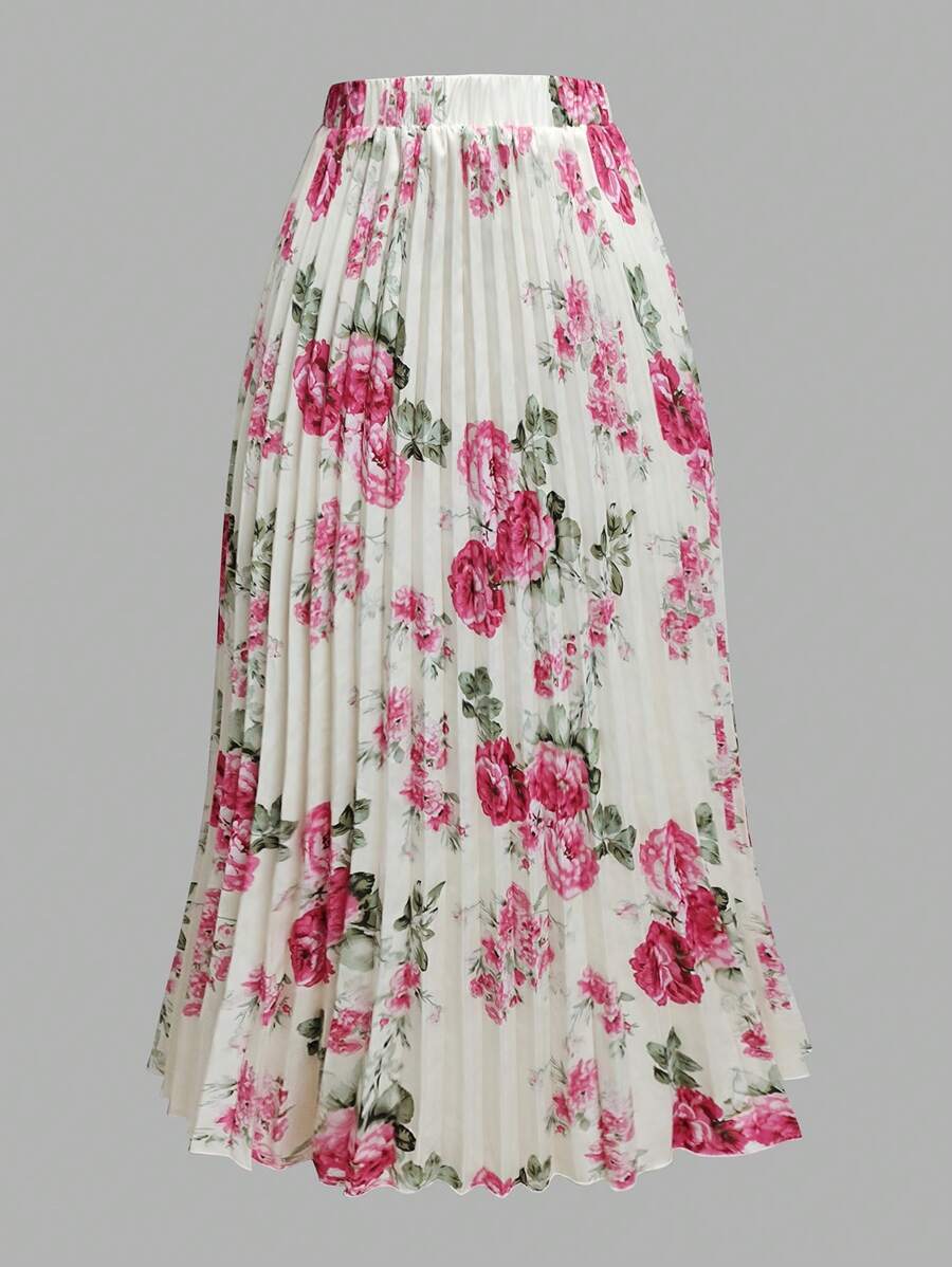 EMERY ROSE Falda maxi plisada con estampado floral elegante para mujer de talla grande, para otoño - Albaricoque - Ver 1