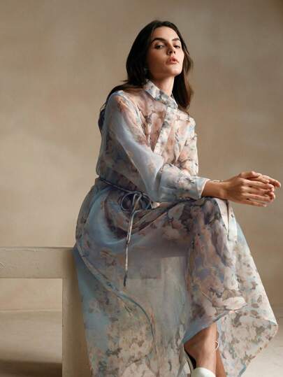 Anewsta Women's Romantic Floral Print Organza Stand Collar Waist Dress,Ladies Casual Asymmetrical,Belted Long Sleeve Collar Loose Long Multicolor Drop Shoulder All Over Print,Tie Dye Shirt Women Long Dresses,Spring/Fall,Casual Daily Wear Maxi Women Outfit