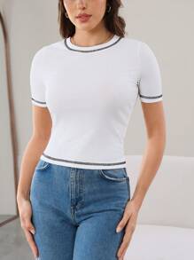 Mulvari 2pcs Contrast Stitch Rib-Knit Slim Fit Tee For Summer