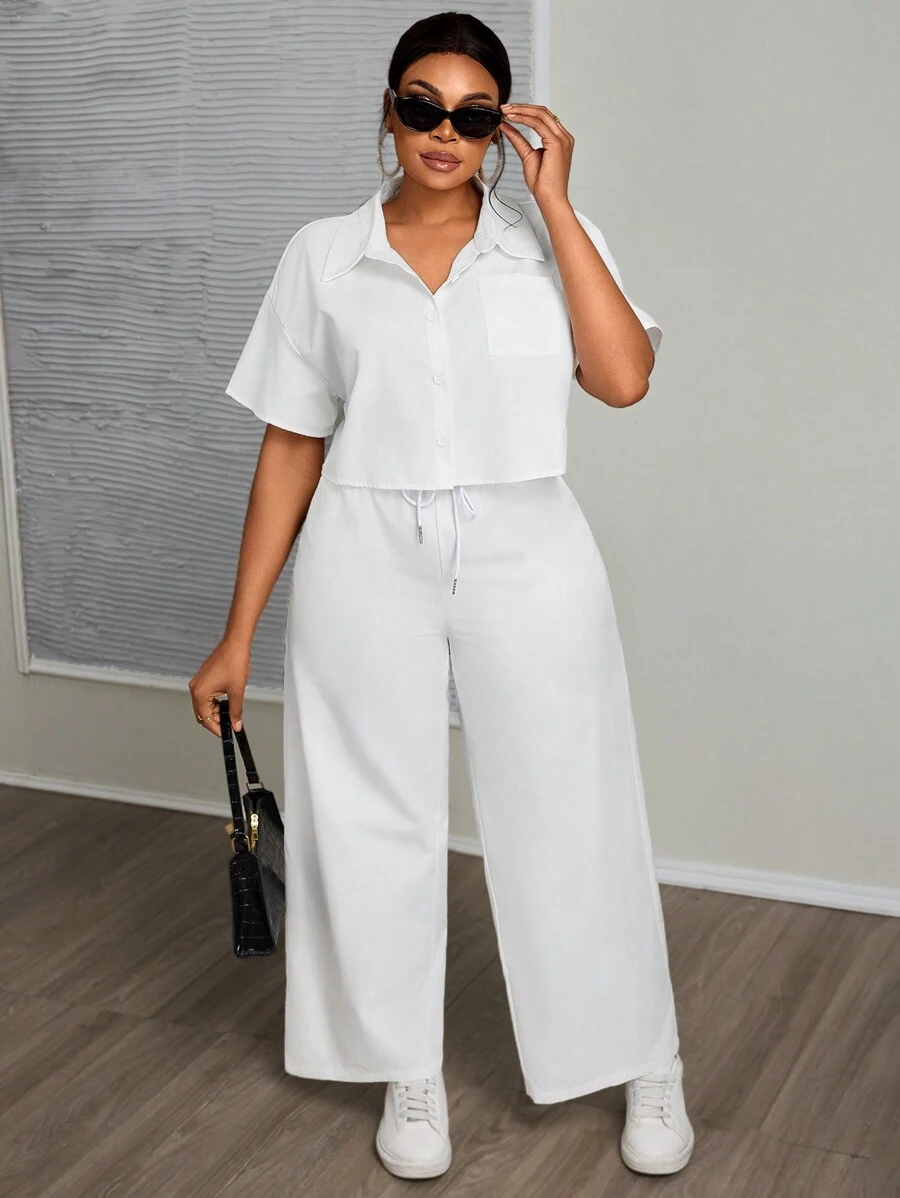 Slaydiva 大码女式休闲和工作服绿色衬衫和长裤两件套带口袋 - 白色 - 查看 1