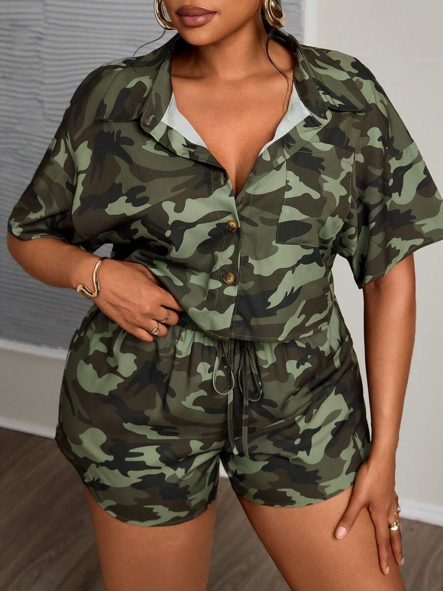 Slaydiva 大码女式迷彩印花短袖衬衫和短裤 2 件套 - 軍綠色 - 查看 1