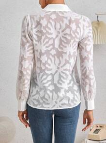 SHEIN Clasi Camisa elegante com mangas de mesh e bolhas, fechamento frontal com botões - Branco - Visão 2