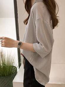 Women's Casual Striped Print Minimalist Everyday Top - Grey - View 2