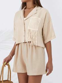 RueChic Women Embroidery Pocket Shirt & Shor Set - Beige - View 6