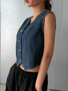 DAZY 女士夏季休闲纽扣前背心牛仔上衣 - 深色水洗藍 - 查看 6