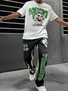 Manfinity LEGND 男士夏季街头风格拼色骷髅与字母印花短袖 T 恤和裤子套装，男士两件套服装，街头服饰，万圣节 - 彩色 - 查看 5