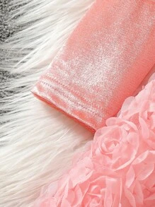 Girls Rose Embroidered Collar Short Sleeve A-Line Dress - Coral Pink - View 7