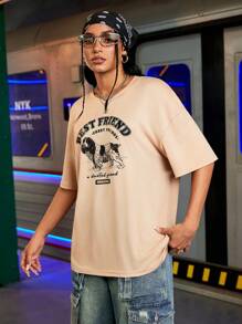 Streetz SHEIN Sport Women's Simple Graphic Print Loose Fit Short Sleeve T-Shirt - Khaki - View 6