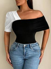 Zolique Women's Clothing Sumeer Casual Matching Color Patchwork Bodysuit With Asymmetric Collar - Black and White - View 1