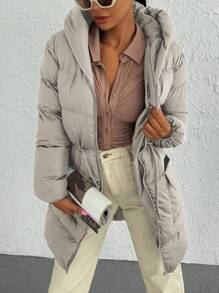 EURMUSE Hooded Elastic Waist Padded Jacket - Apricot - View 4