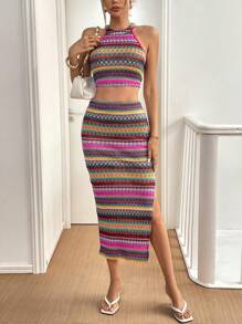 SHEIN Essnce 2pcs/Set Women Summer Casual Sleeveless Halter Top And Mini Skirt Co-Ord Set - Multicolor - View 2