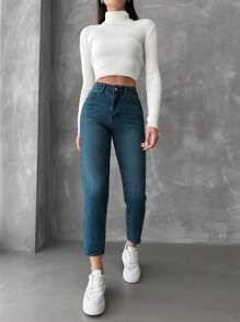 RueChic 拉鏈門襟,對角線口袋,媽媽牛仔褲 - 深色水洗藍 - 查看 4